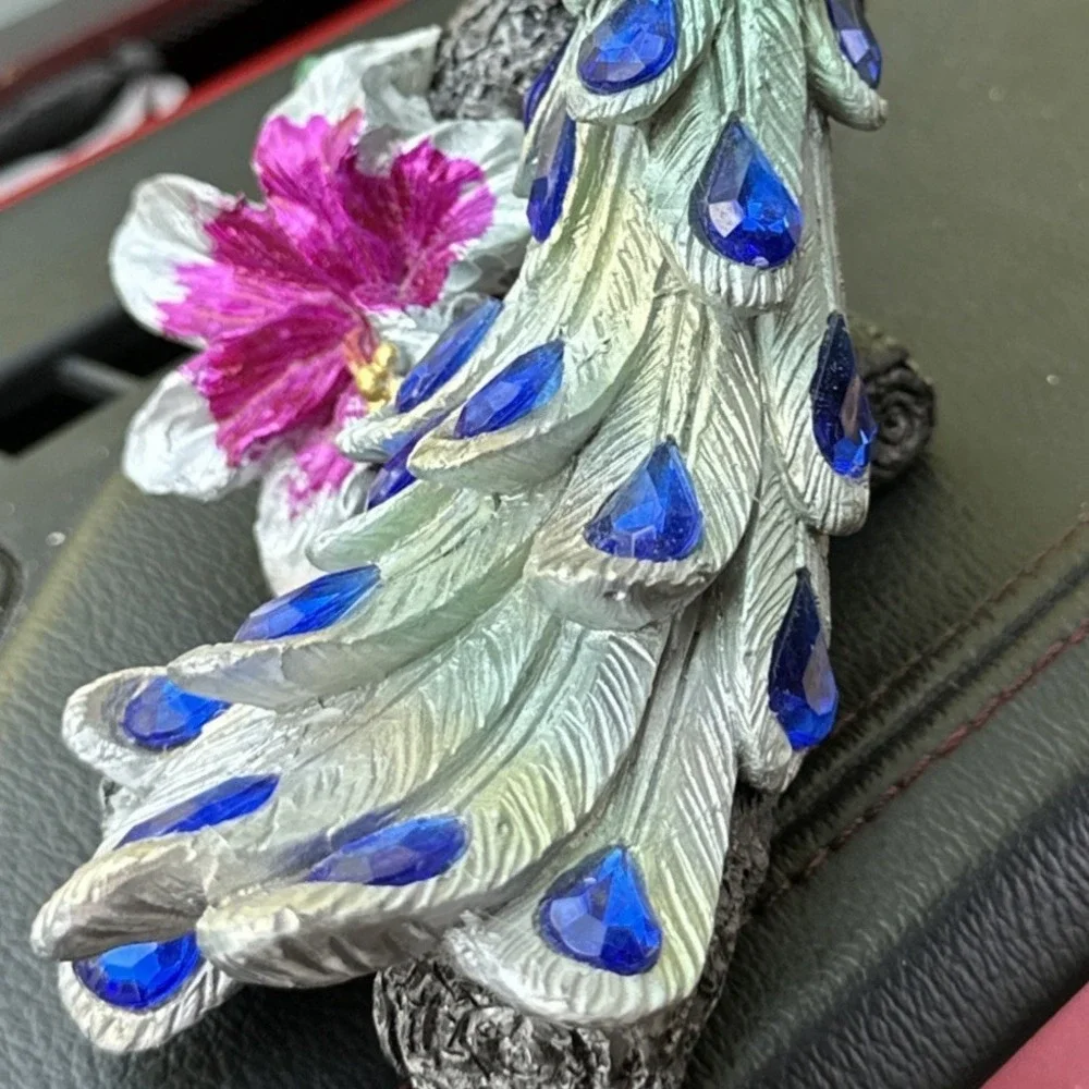 Peacock Figurine Resin Bird Statue Blue Jewel Tail Floral Branch Decor 5.5